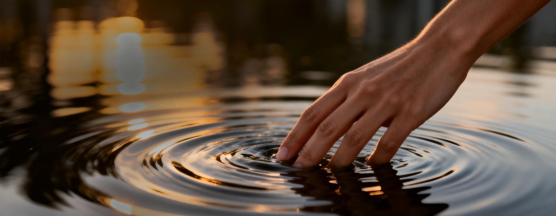 a hand reaching into a pool of water