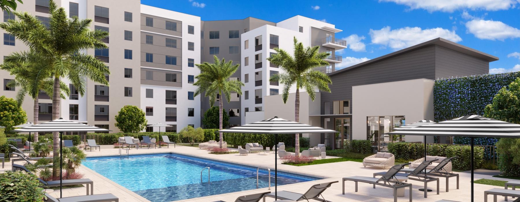 a pool in front of a building