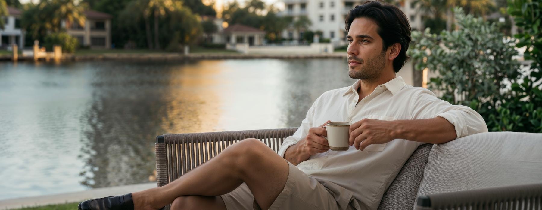 a man sitting on a bench holding a cup of coffee