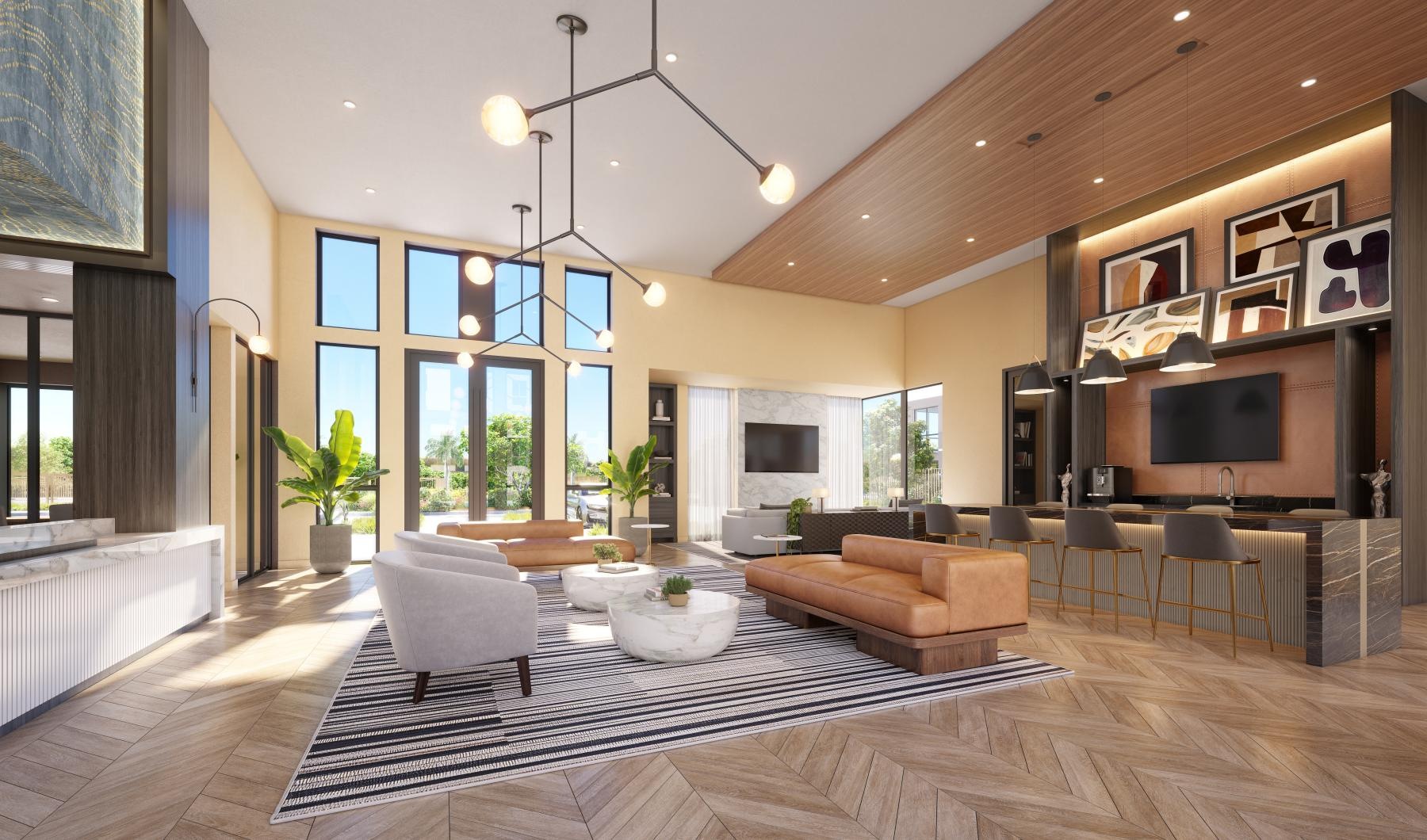 a living room with a large glass wall and a wood floor