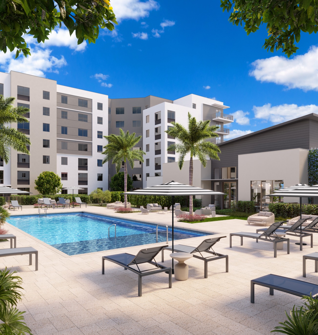 Rendering of the resort-style pool at Lakeview at NoMi in North Miami, with striped umbrellas, chaise lounges, and lounge seating on a paved sundeck surrounded by palm trees and the residential towers.