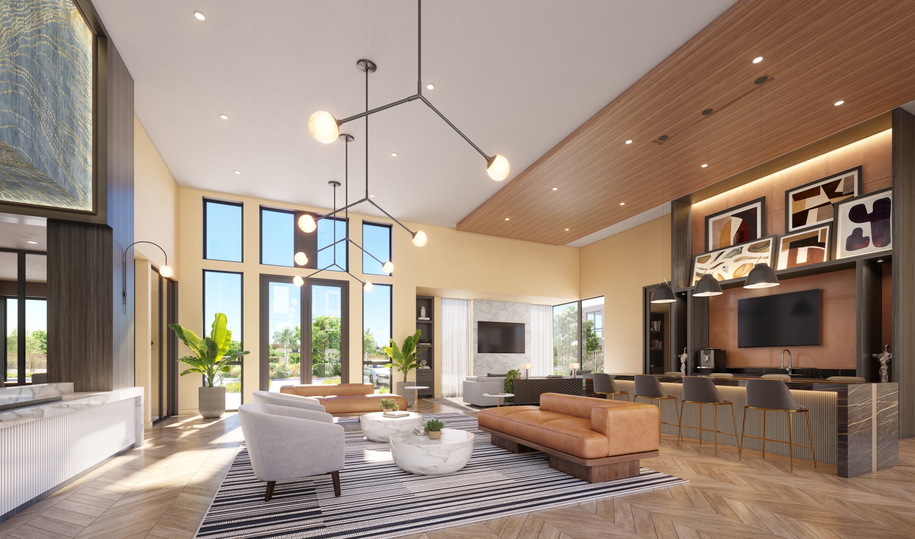 Rendering of the resident lounge at Lakeview at NoMi in North Miami, featuring a leather sectional and armchairs on a striped rug, marble coffee tables, a fireplace and TV wall, and a wet bar with stools beneath a wood-paneled ceiling.