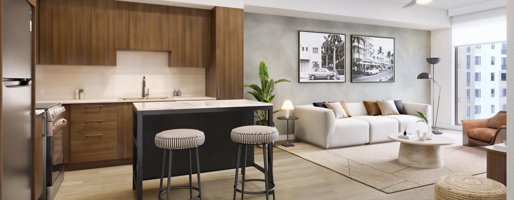 a kitchen and living room