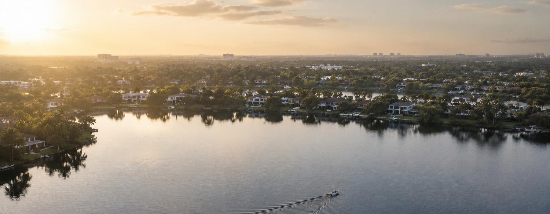 a body of water with buildings and trees around it