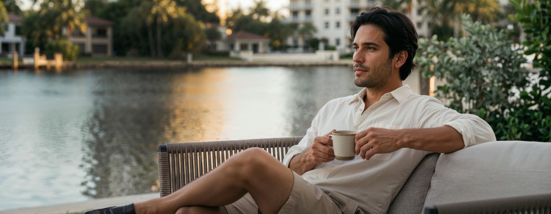 a man sitting on a bench holding a cup of coffee