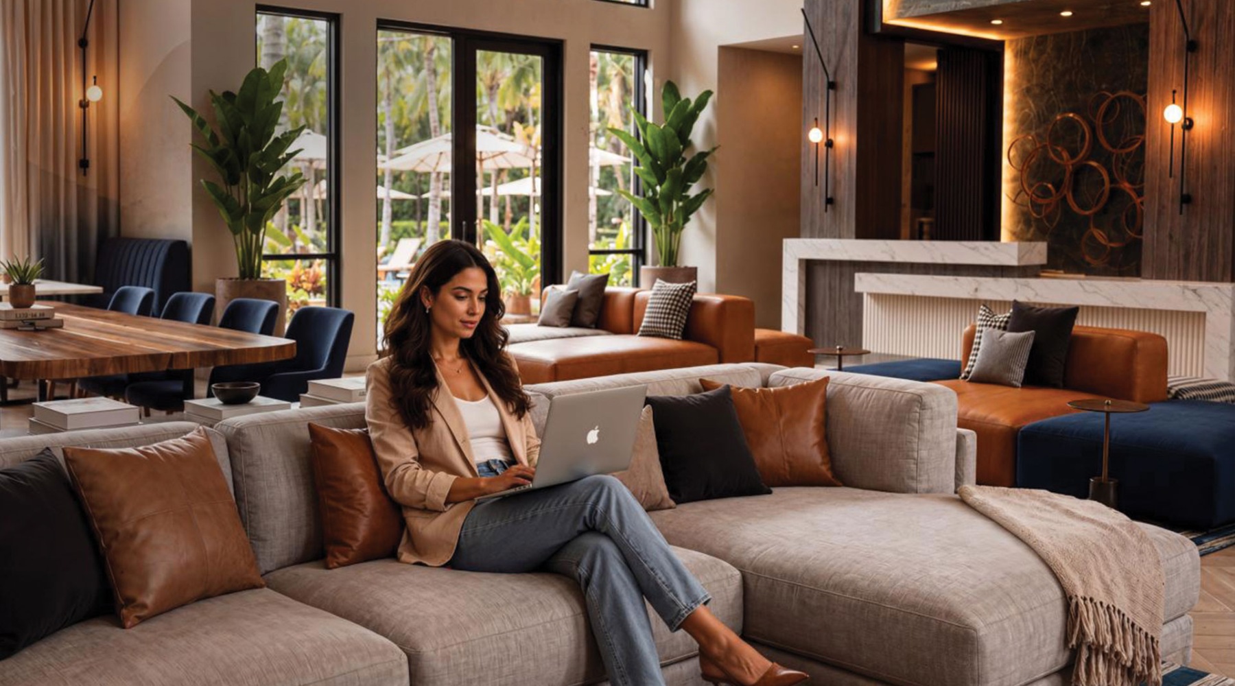 large open space with woman working on sofa
