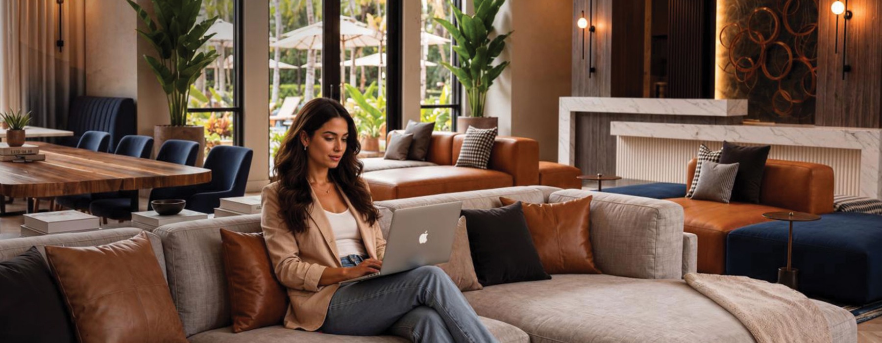 large open space with woman working on sofa